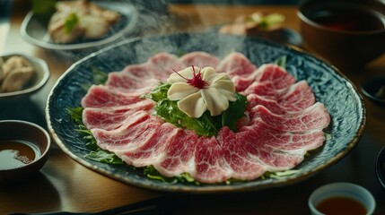 30.A beautifully plated shabu-shabu meal with thinly sliced beef arranged in a flower-like pattern, fresh greens, tofu, and mushrooms on individual plates, with a steaming hot pot and small bowls of