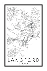 Printable downtown road map poster of the Canadian city of LANGFORD on solid white background with city name