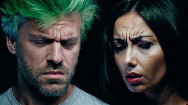 Static close-up video of two contrasting people, a man with wild green hair, a woman with facial scars, dramatic side lighting, monochrome dark background