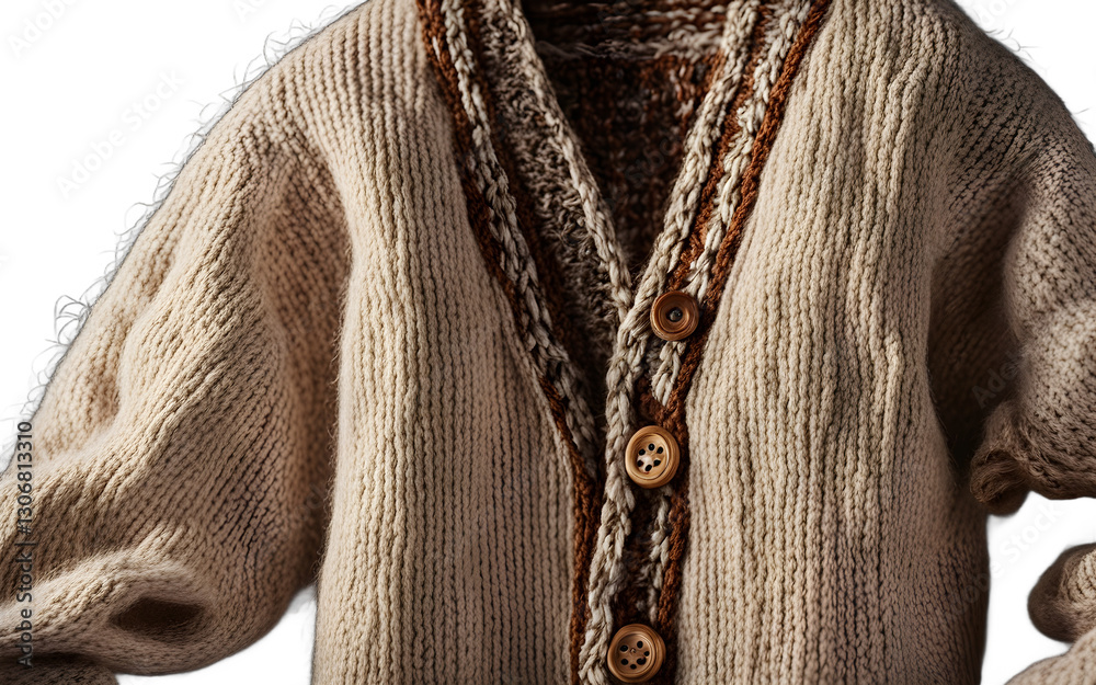 Poster a cozy cardigan with button closures and ribbed sleeves, isolated on a empty plain background
