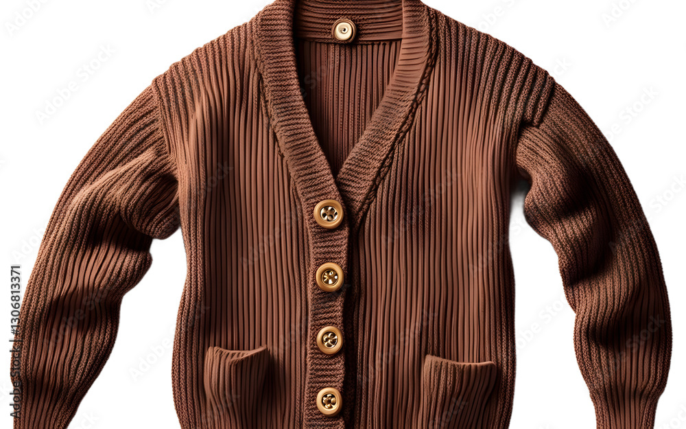 Poster a cozy cardigan with button closures and ribbed sleeves, isolated on a empty plain background