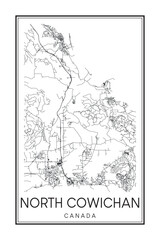 Printable downtown road map poster of the Canadian city of NORTH COWICHAN on solid white background with city name
