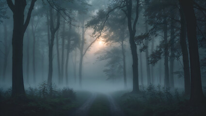 Obraz premium Misty Forest with Tall Dark Trees and Fog Path in the Distance
