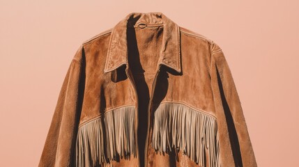 Brown suede jacket hanging on a hanger against a peach-colored background. the jacket has a collar and a zipper closure. it has two pockets on the front and two on the back.