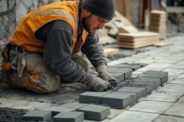 Bricklayer professional at work on the sidewalk saves tiles