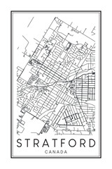 Printable downtown road map poster of the Canadian city of STRATFORD on solid white background with city name