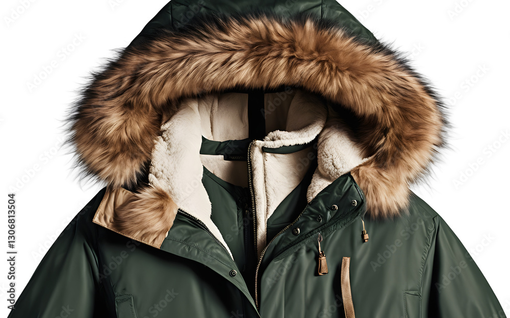 Poster a dark green parka with a fur-lined hood, isolated on a empty plain background
