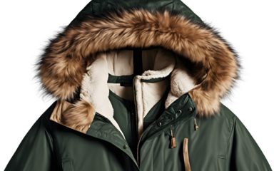 A dark green parka with a fur-lined hood, isolated on a empty plain background