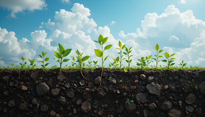 "Growing Green: Young Plants Sprouting in Rich Soil Against a Blue Sky"