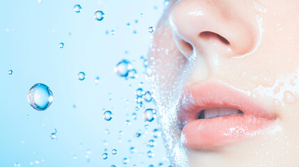 Obraz premium 保湿とスキンケアのための水分バブルの美しい女性の唇