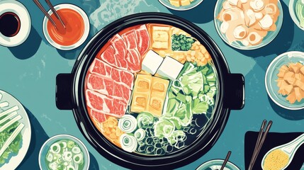 85.Hot pot: simmering broth filled with a variety of ingredients like thinly sliced meats, fresh vegetables, and tofu, cooked at the table and enjoyed with an array of dipping sauces