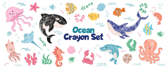 Crayon Sea animals kid style set. Ocean underwater element collection with wild ocean animal. Childish tropical colorful fish, coral, whale, starfish, seahorse. Vector children scribbles © Foxelle