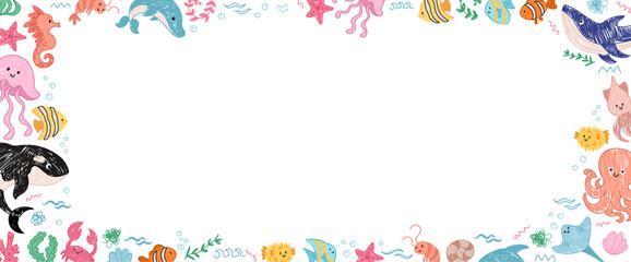 Under the Sea frame border. Illustration of marine animals, whale and seashells. Rectangle composition with starfish, jelly fish. Creative background for your diploma, invitation, banner
