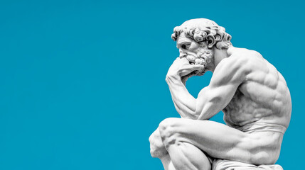 Classical Contemplation: A Sculpture of a Figure in Deep Thought Against a Vivid Sky, for Meditation and Philosophical Inspiration.