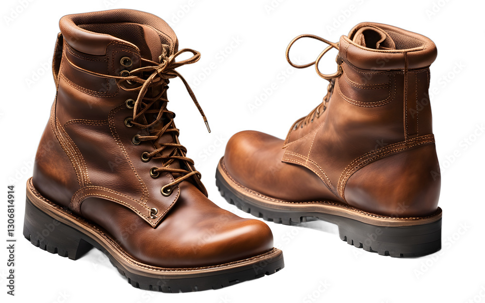 Poster a pair of brown leather boots with rugged soles, isolated on a empty plain background