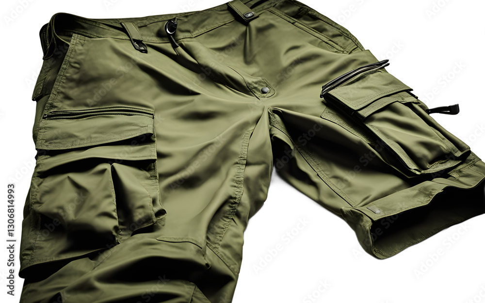 Poster A pair of green cargo pants with multiple pockets, isolated on a empty plain background