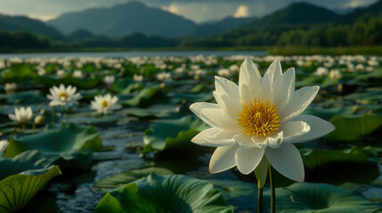 Zen Serenity: White Lotus Bloom on Misty Lake, Symbol of Purity and Enlightenment, Backdrop of Verdant Hills, Meditative Floral Art
