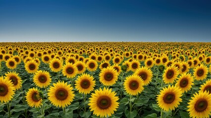 Obraz premium Vibrant sunflower field under a clear blue sky, showcasing nature's beauty and agricultural abundance