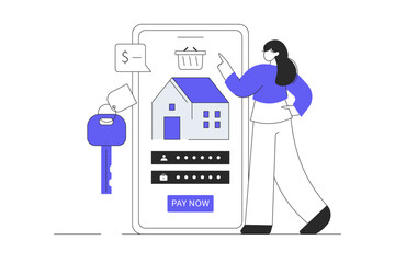 Real estate online. Woman with mobile phone buying house on internet, pay rent, online transfer and transaction, electronic commerce. Flat Cartoon Vector Illustration, icon. Stylish abstract web