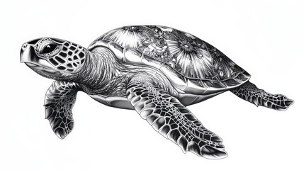 Obraz premium An exquisite black and white illustration of a sea turtle, featuring detailed patterns on its head and neck. Its intricately designed shell adds depth and dimension, enhancing the overall elegance of 