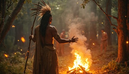Naklejka premium Shaman performs ritual near fire in grove. Native American man with feather headdress holds stick. Smoke rises as other men watch in forest. Ancient tribal traditions.