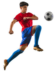 Photo in motion of young soccer football player kicking ball with knee in jump. Man training in uniform against transparent background. Concept of match, championship, action, team sport game, energy. © Lustre Art Group 