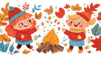 Naklejka premium Autumn Campfire Fun: A Cheerful Illustration of Kids Roasting Marshmallows in a Fall Setting