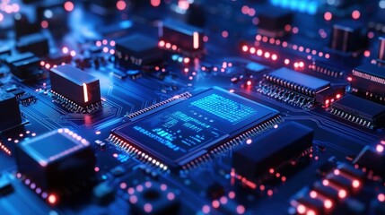 Digital technology background with network nodes and data flow across a dark blue gradient, ideal for web banner design promoting tech products and services on online platforms