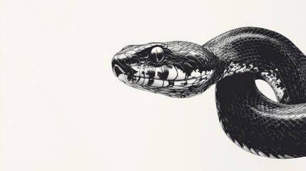 Captivating black and white illustration of a serpent's head; intricately patterned body spirals elegantly. Head tilts rightward as it gazes left, with piercing eyes adding depth and mystery