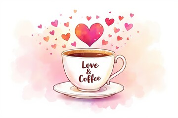 Coffee cup with hearts floating, white mug with "love & coffee" text on saucer, pastel pink background, romantic scene with soft hues. valentines day, cafes, romantic gifts