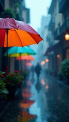 Rainbow umbrellas, soft-focus rain backdrop, serene blue, art, design