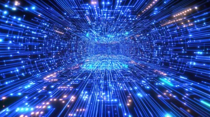 Fototapeta premium Abstract digital tunnel with glowing lines and nodes.