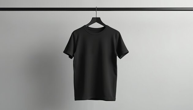 Blank black T-shirt for mockup hanging on simple clothing rack. Cotton casual attire garment template. Plain hanging shirt photo. Minimal design showcase for clothes, style, trend. Empty display item