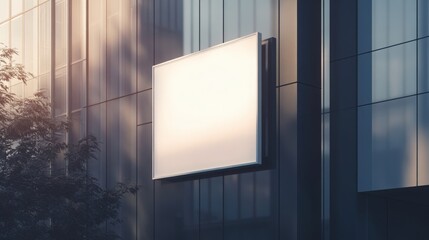 Empty white square signboard hanging from a modern building facade, designed for branding customization with logos and names. Shop signage mockup for cafes or boutiques