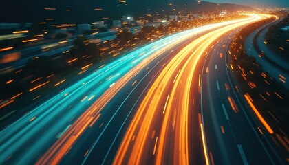 Digital data flow on highway road with light trails. Motion blur creates a vision of fast speed transfer, transformation. Artificial intelligence tech, industry, global network futuristic concept.