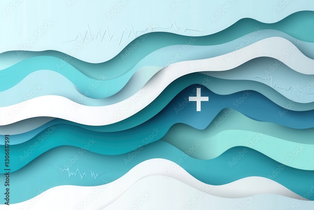 Poster layered paper art background with calming blue and teal tones featuring medical symbols for healthca