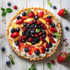 Delicious fruit tart topped with whipped cream and a medley of fresh berries delightfully