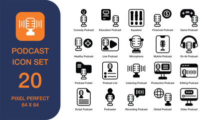 Podcast Dual Tone Icon Set. Comedy Podcast, Microphone, Recording Podcast. Pixel Perfect. High Quality
