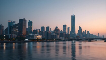 Fototapeta premium Modern Urban Cityscape with Nighttime Skyline and River Reflection