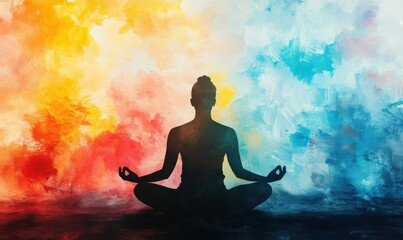 Mind-Body Connection concept. Abstract Artistic Representation of a Person Meditating with Vibrant Colors and Silhouette Elements