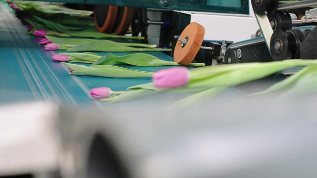 Slow motion capture of tulips moving through a sorting machine at a flower processing facility in springtime