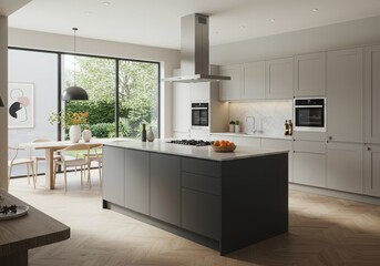 Modern kitchen mockup table interior in a luxury home with stylish design, windows, furniture, and a spacious layout