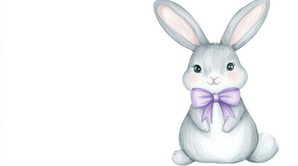 Obraz premium A whimsical watercolor illustration of a cute gray bunny adorned with a purple bow, evoking joy and innocence.
