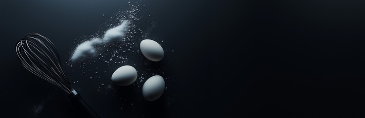 Minimalist Culinary Scene with Eggs, Salt, and Whisk on Dark Background and copy space