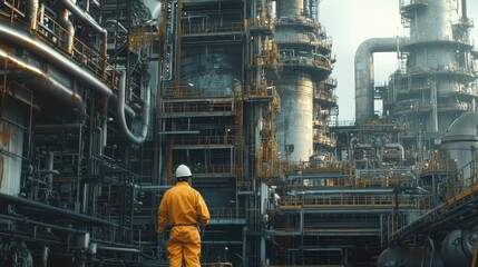 Naklejka premium Maintenance workers in protective gear conducting thorough inspections on large refinery machinery during a scheduled shutdown, ensuring safe operations and system integrity