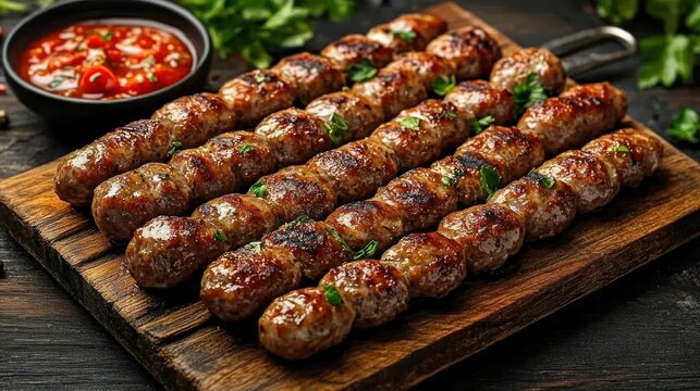 Grilled Meatballs on Skewers, Wooden Board, Spicy Sauce