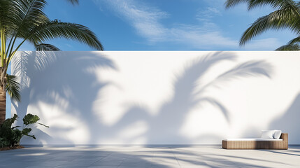 Modern Outdoor Space with Palm Tree Shadows and Blue Sky and copy space