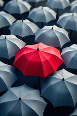 Single red umbrella stands out in a row of identical gray umbrellas, umbrella, stand out, sunny