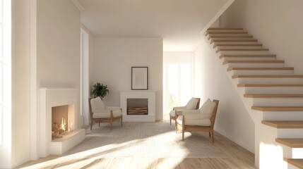 Modern minimalist living room with fireplace and stairs, sunlight streaming in, ideal for home design
