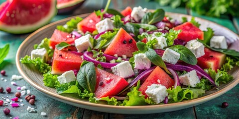 Refreshing Watermelon and Feta Salad with Red Onion and Fresh Herbs on Rustic Table